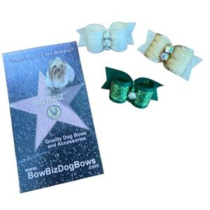 🌈 6/$60 Bow Biz Dog Bows Extra Small Alligator Clip Rhinestones Green Cream Gold